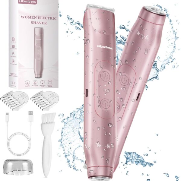Bikini Trimmer for Women - 2 in 1 Electric Razors for Women - Dual Head Electric Shaver - IPX7 Waterproof Wet & Dry Use Body Hair Trimmer and Facial Hair Remover for Bikini Underarm Leg Arm