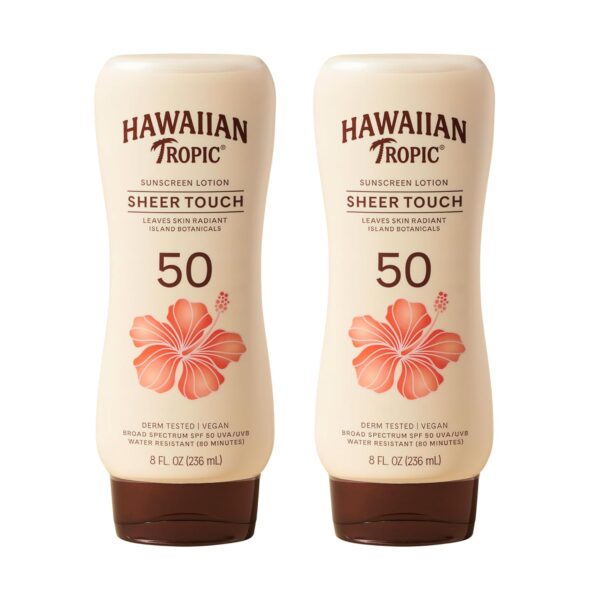 Hawaiian Tropic Sheer Touch Ultra Radiance Lotion Sunscreen SPF 50, 8 Fl Oz Twin Pack, Hawaiian Tropic Sunscreen SPF 50, Sunblock, Oxybenzone Free Sunscreen, Body Sunscreen Pack, 8 Fl Oz each