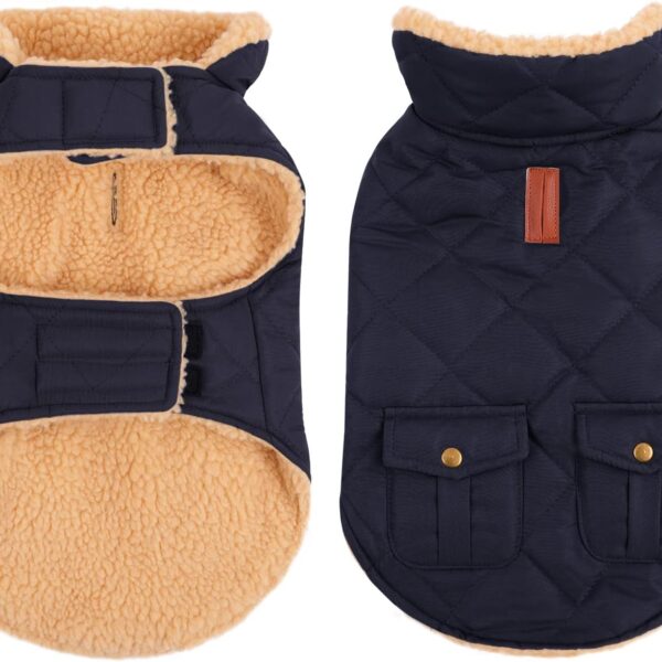 Queenmore Warm Puffer Dog Jacket, Quilting Winter Coat Ultra Thick Plush Lining with Storage Pockets (Dark Navy, X-Small)