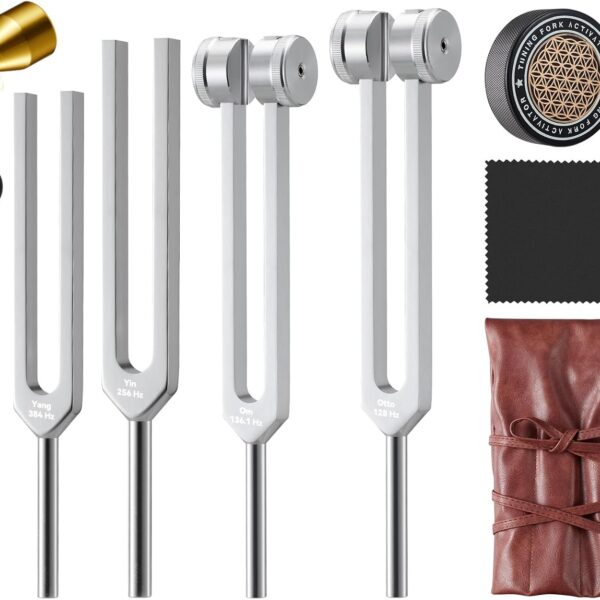 Sound Healing Tuning Fork Set - Tuning Forks for Chakra Alignment & Stress Relief  Otto 128Hz, Earth Om 136Hz, Yin 256Hz, Yang 384Hz, Activator & Pouch  Ideal for Meditation & Home Therapy