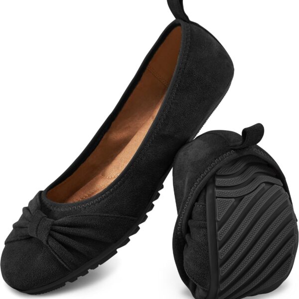 Ecetana Women's Ballet Flats Shoes Dressy Round Toe Bowknot Slip Ons Comfortable Suede Foldable Loafers for Casual Work Business