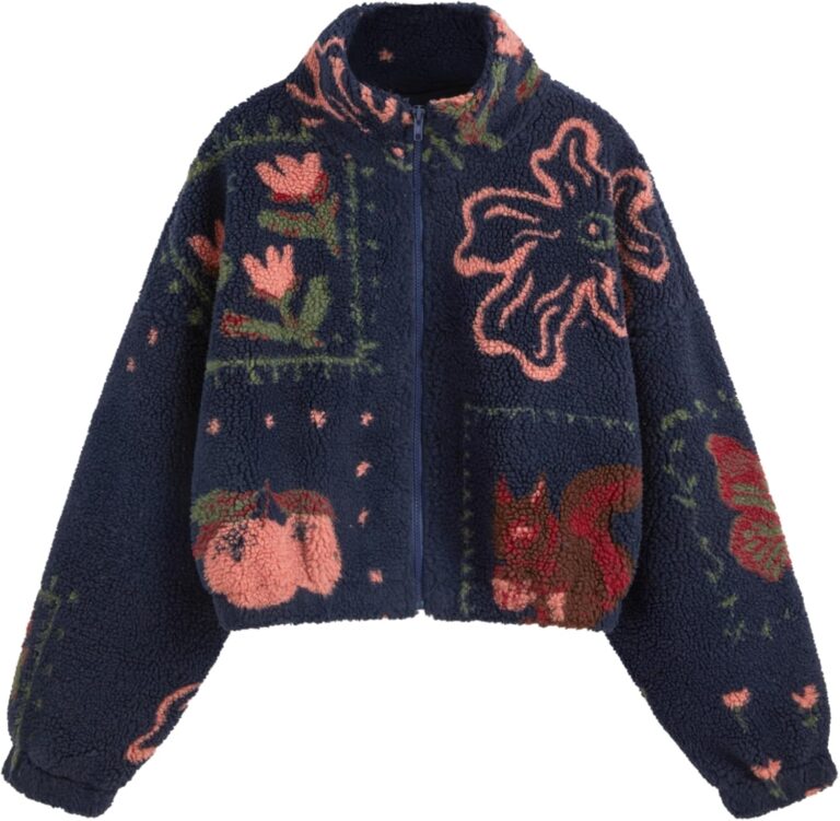 CIDER Sherpa Jacket Women Fleece Jacket Turtle Neck Floral Cropped Graphic Zipper Jacket for Winter