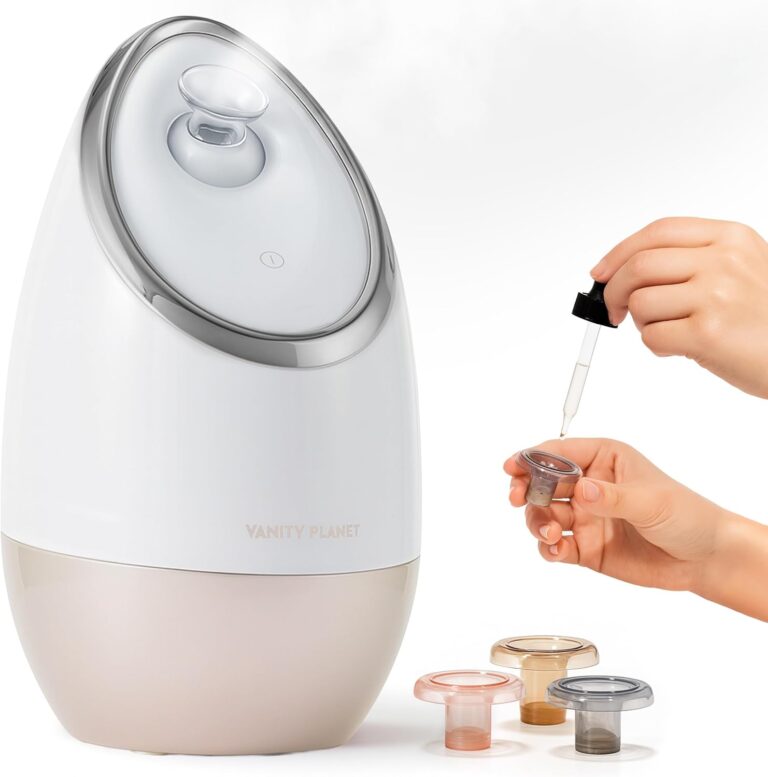 Vanity Planet Aira Ionic Facial Steamer - Face Steamer for Facial Deep Cleaning, Moisturizing - Steamer for Face with Adjustable Nozzle, Water Tank and 3 Essential Oil Baskets (Beige)