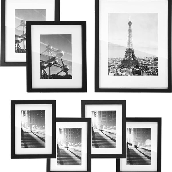 SONGMICS Picture Frames with 7 Mats, Set of 7 Collage Photo Frames, One 11x14, Two 8x10, Four 6x8 Frames, Hanging or Table Display, Glass, Black URPF37BK