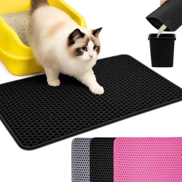 Andalus Brands Medium Cat Litter Mat - Waterproof & Urine-Proof Litter Box Mat, Non-Slip Kitty Litter Mats for Floor, Easy to Clean Litter Trapping Design (24" x 15", Black)