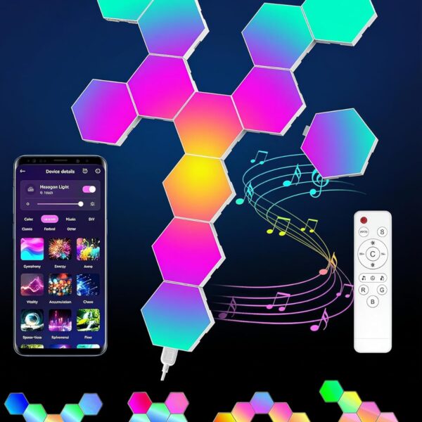 Hexagon LED Lights 12 Pack - RGB Wall Panels with Music Sync, Smart App & Remote Control, DIY Modular Hex Light for Gaming Room, Bedroom, Living Room, Wall Decor