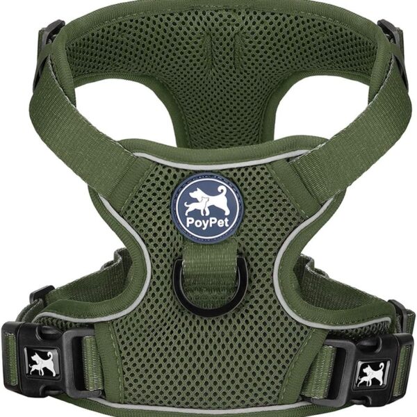 PoyPet Reflective Soft Breathable Mesh Dog Harness Choke-Free Double Padded Vest with Adjustable Neck and Chest(Military Green,M)
