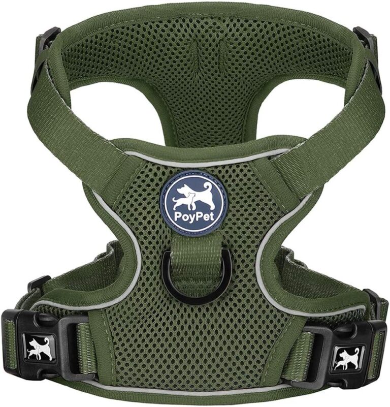 PoyPet Reflective Soft Breathable Mesh Dog Harness Choke-Free Double Padded Vest with Adjustable Neck and Chest(Military Green,M)