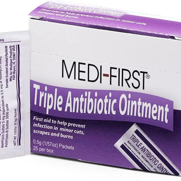Medi-First First Aid Antibiotic 0.5 Gram Individual Packet Ointment 400 IU - 5 mg - 5,000 IU/Gram Strength, 25 Ct