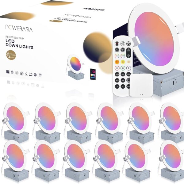 12 Pack Smart Recessed Lighting 6 Inch, Ultra-Thin LED Recessed Lighting 12W 1200LM Smart Downlight with Junction Box, Compatible with Alexa/Google Assistant - ETL and Energy Star Certified