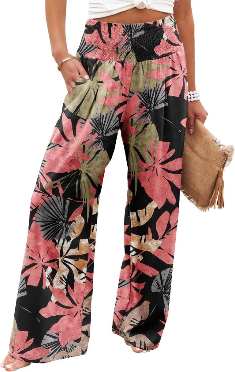 Angerella Womens Elastic High Waisted Palazzo Pants Casual Wide Leg Long Lounge Pant Trousers with Pocket