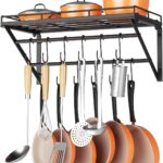 OROPY 23 Inch Wall Mounted Pot Rack Storage Shelf with 2 Tier Hanging Rails 12 S Hooks included, Ideal for Pans, Utensils, Cookware, Plant Black