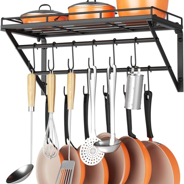 OROPY 23 Inch Wall Mounted Pot Rack Storage Shelf with 2 Tier Hanging Rails 12 S Hooks included, Ideal for Pans, Utensils, Cookware, Plant Black