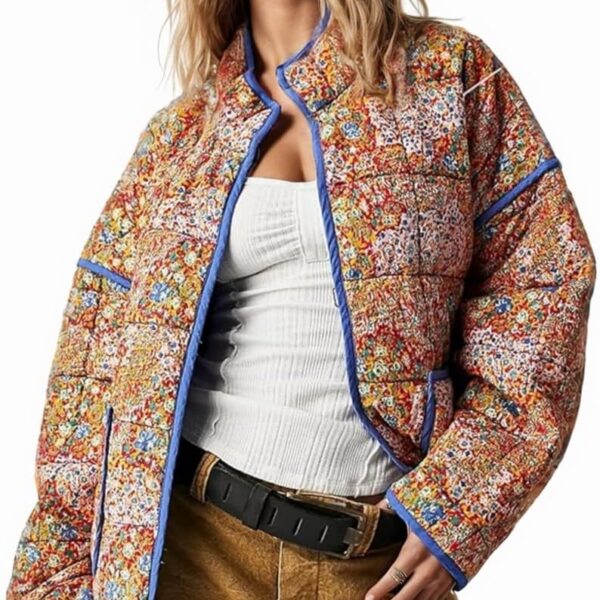 Women's Cropped Floral Quilted Jacket Lightweight Open Front Padded Puffer Coat