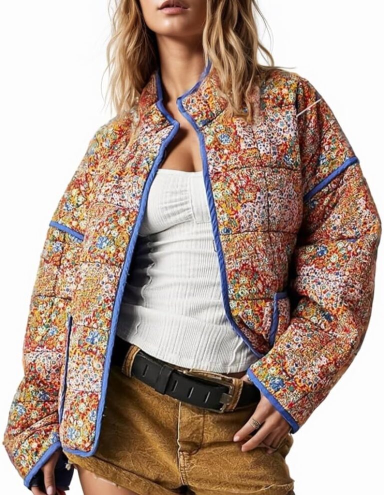 Women's Cropped Floral Quilted Jacket Lightweight Open Front Padded Puffer Coat