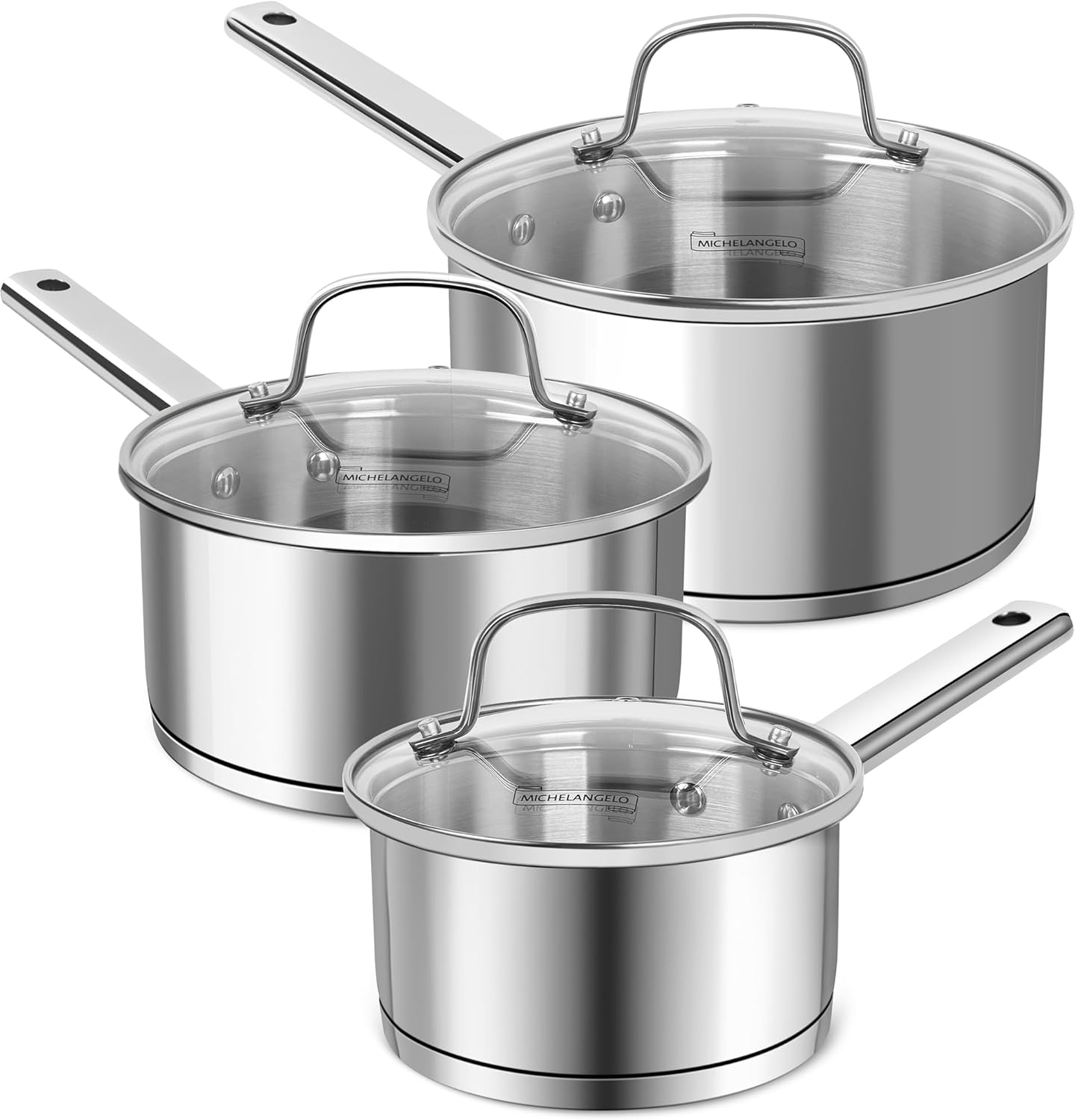 MICHELANGELO Saucepan Set 3 Sizes, Stainless Steel Sauce Pan with Lid, Tri-Ply Bottom Sauce Pot Set, Nonstick Saucepan, Induction Compatible, 1QT & 2QT &3QT MICHELANGELO Saucepan Set 3 Sizes, Stainless Steel Sauce Pan with Lid, Tri-Ply Bottom Sauce Pot Set, Nonstick Saucepan, Induction Compatible, 1QT & 2QT &3QT