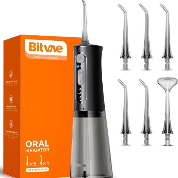 Bitvae Water Dental Flosser for Teeth, Cordless Water Teeth Cleaner Picks, 3 Modes 5 Intensities, IPX7 Waterproof, Rechargeable Water Dental Picks for Cleaning - Black