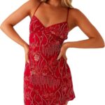 Burtell Women Sexy Sleeveless Sparkly Sequin Rhinestone Mini Dress Deep V Neck Open Back Glitter Cami Short Dress Club Party