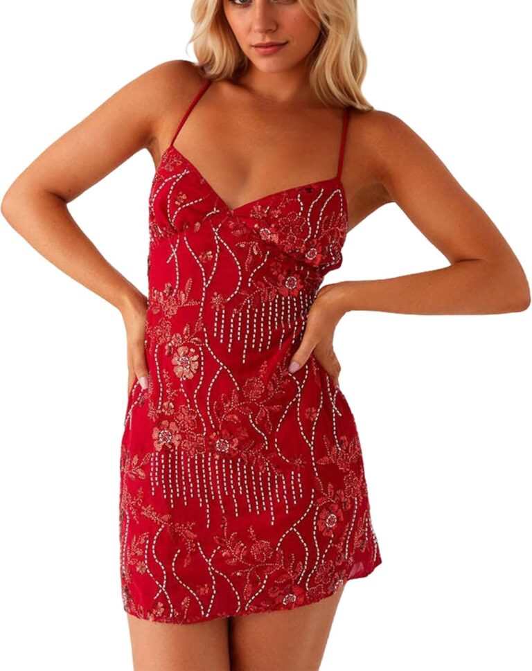 Burtell Women Sexy Sleeveless Sparkly Sequin Rhinestone Mini Dress Deep V Neck Open Back Glitter Cami Short Dress Club Party