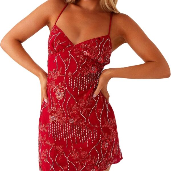 Burtell Women Sexy Sleeveless Sparkly Sequin Rhinestone Mini Dress Deep V Neck Open Back Glitter Cami Short Dress Club Party