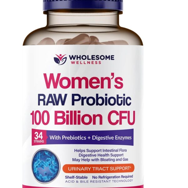 Wholesome Wellness Dr. Formulated Raw Probiotics for Women 100 Billion CFUs Capsules with Prebiotics, Digestive Enzymes, Approved for Adults, Shelf Stable Supplement