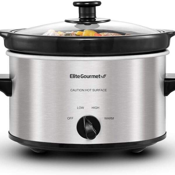Elite Gourmet MST-275XS Electric Oval Slow Cooker, Adjustable Temp, Entrees, Sauces, Stews & Dips, Dishwasher Safe Glass Lid & Crock (2 Quart, Stainless Steel)