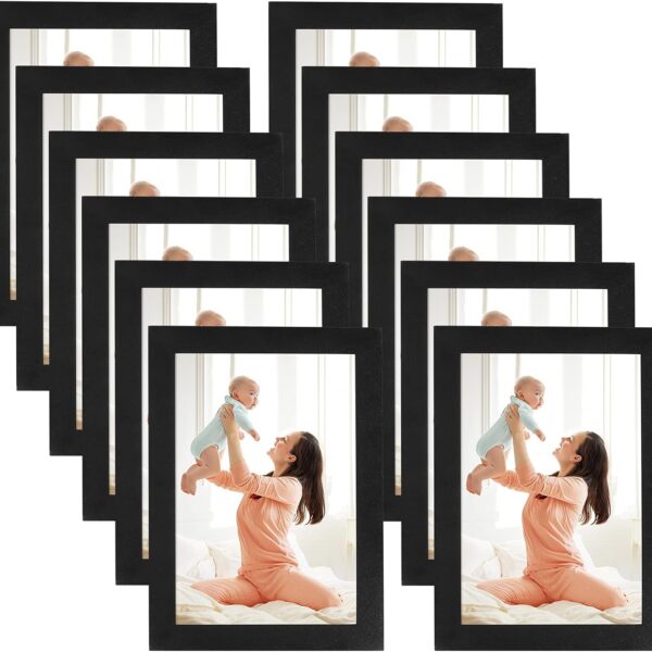 CRUGLA 4x6 Magnetic Picture Frames for Refrigerator 12 Packs, Modified Magnetic Sheet with Self Adhesive Backing, Black 4 by 6 Photo Frame Set for Locker Glass Window Door Cubicle