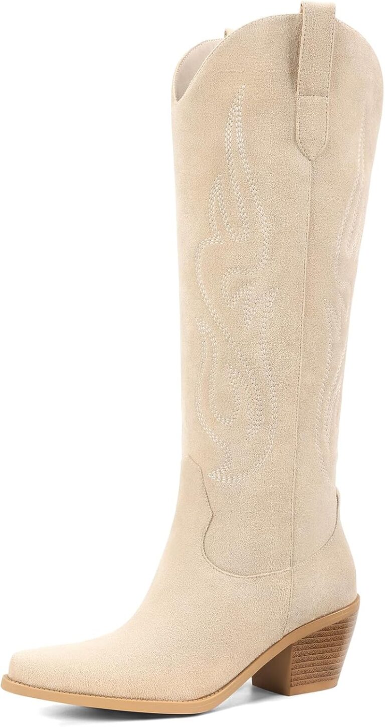 Pasuot Western Cowboy Boots for Women - Knee High Wide Calf Cowgirl Boots, Slip On Pointed Toe Chunky Heel Fashion Retro Classic Pull On Tall Boot for ladies Party concert