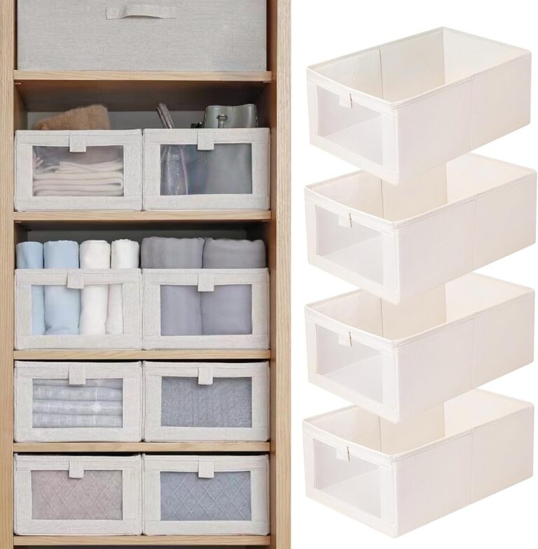 Linen Closet Organizers And Storage, 4 Pack Storage Bins Baskets for Organization Foldable Organizer with Clear Window Organizing Clothing, Jeans, Shelves