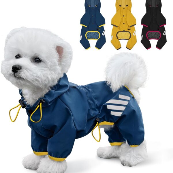 Dog Raincoat, Waterproof Dog Rain Jacket with Hood, Rain Coat with Leash Hole, Reflective Strap for Small Medium Dogs, Lightweight Puppy Clothes(Blue,M)