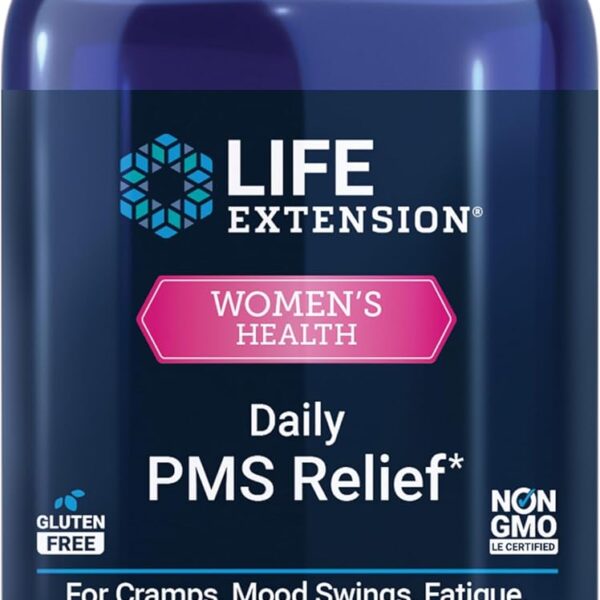 Life Extension Daily PMS Relief, Menstrual Comfort Supplement, PMS-Related Cramps, Lower Back discomfort, Mood, Ginger, Magnesium, B6, Gluten-Free, Non-GMO, 60 Capsules