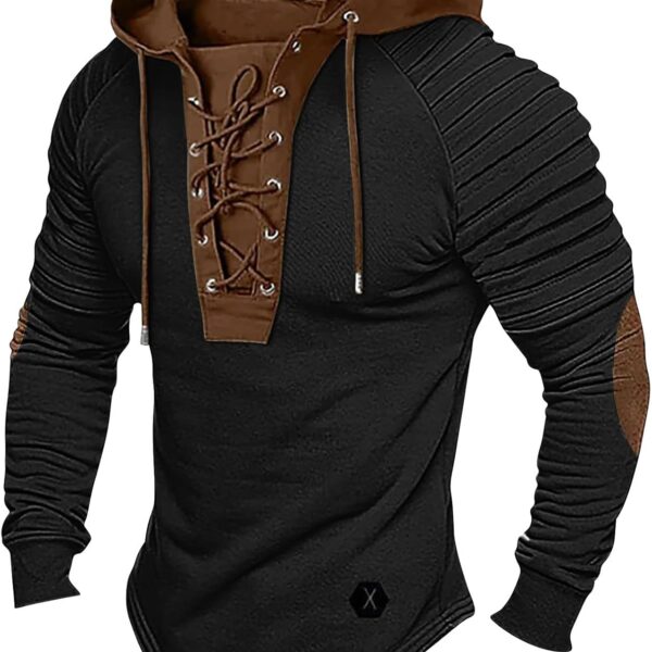Mens Lace Up Hoodie Henley Pullover Long Sleeve Drawstring Hood Textured Patches Casual Streetwear