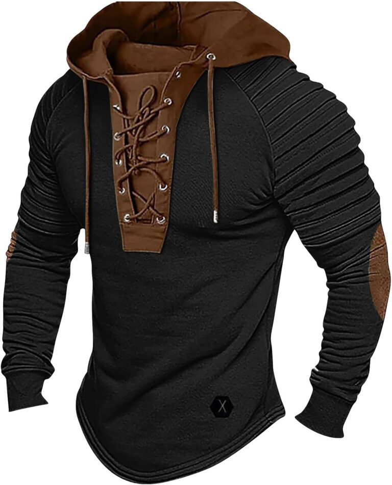Mens Lace Up Hoodie Henley Pullover Long Sleeve Drawstring Hood Textured Patches Casual Streetwear