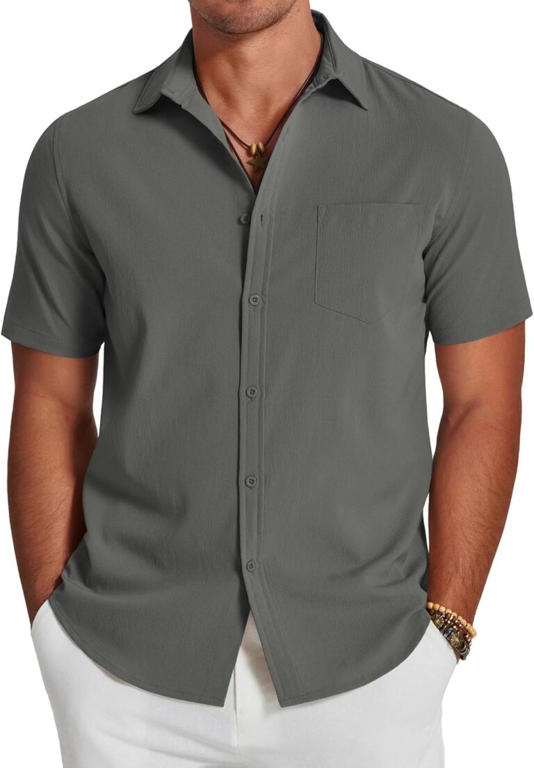 COOFANDY Men's Casual Short Sleeve Button Down Summer Beach Shirt Lightweight Textured Wrinkle Free Stretch Shirts