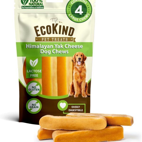 EcoKind Yak Cheese Himalayan Dog Chews, Yak Chews for Large Dogs, Long Lasting Bone for Aggressive Chewers, 3 Ingredients, Natural High Protein Treats, No Additives, Lactose Free, Large - 4 Pack