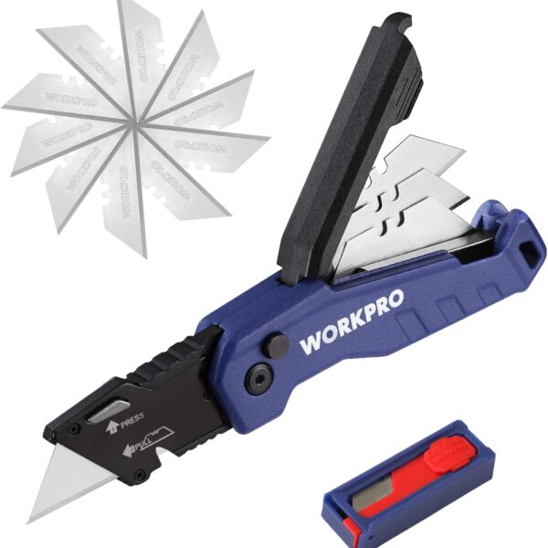 WORKPRO Folding Utility Knife, Quick Change Box Cutter, Razor Knife for Cartons, Cardboard, Boxes, Blade Storage in Aluminum Handle, 13 Extra Blades Included (Blue)