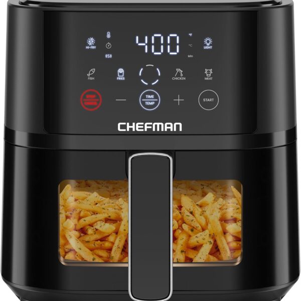 Chefman Air Fryer 4 QT Compact Airfryer for Quick & Easy Meals, Features Hi-Fry Technology for Extra Crisp, Easy-View Window, Touch Controls with 4 Presets, Nonstick & Dishwasher Safe Basket - Black