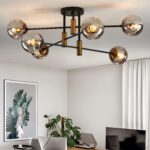 6-Light Glass Globe Sputnik Chandelier Modern Matte Black and Gold Ceiling Light Fixture Vintage Hanging Chandeliers for Farmhouse Living Room, Kitchen Dining Room Bedroom