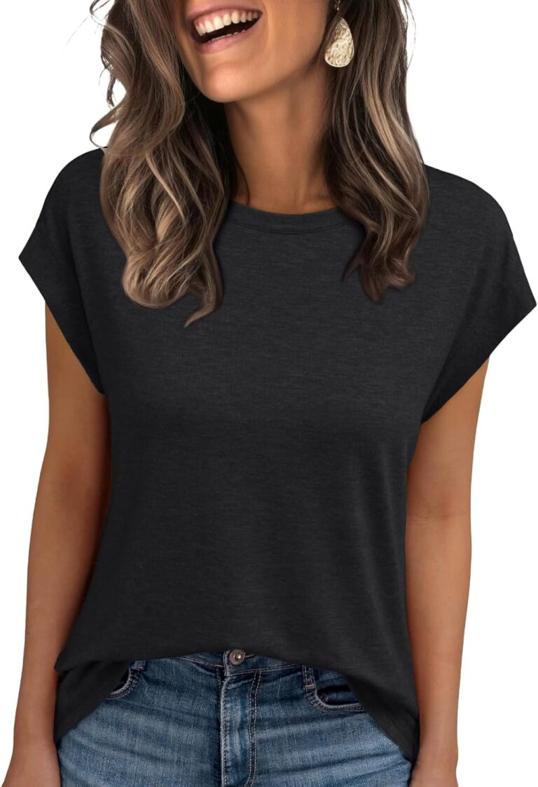 AUTOMET Women's Cap Sleeve T Shirts for Summer - Soft Stretchy Tops for Business Casual Shirts Everyday Wear