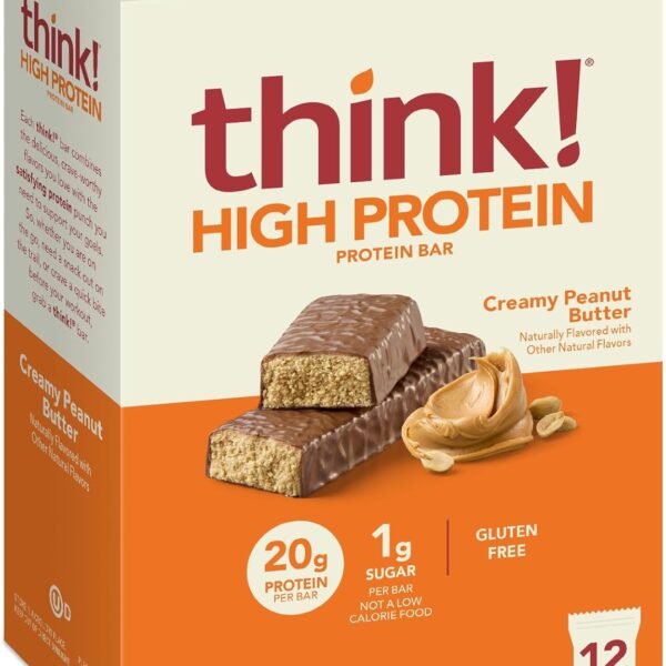 think! Protein Bars, High Protein Snacks, Gluten Free, Kosher Friendly, Creamy Peanut Butter, Nutrition Bars, 2.1 Oz per Bar, 12 Count (Packaging May Vary)