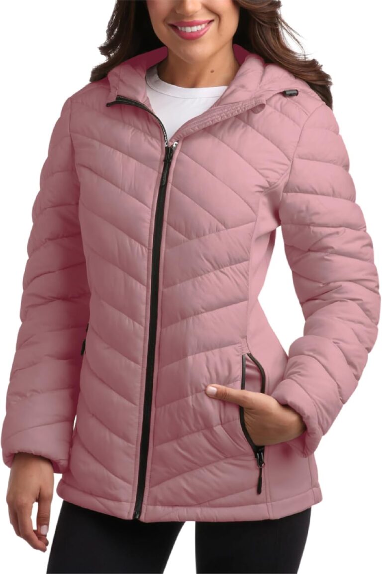 Reebok Womens Puffer Jacket - Midweight Quilted Snow Glacier Shield Full Zip Winter Coat for Women with Hood & Zip Pockets