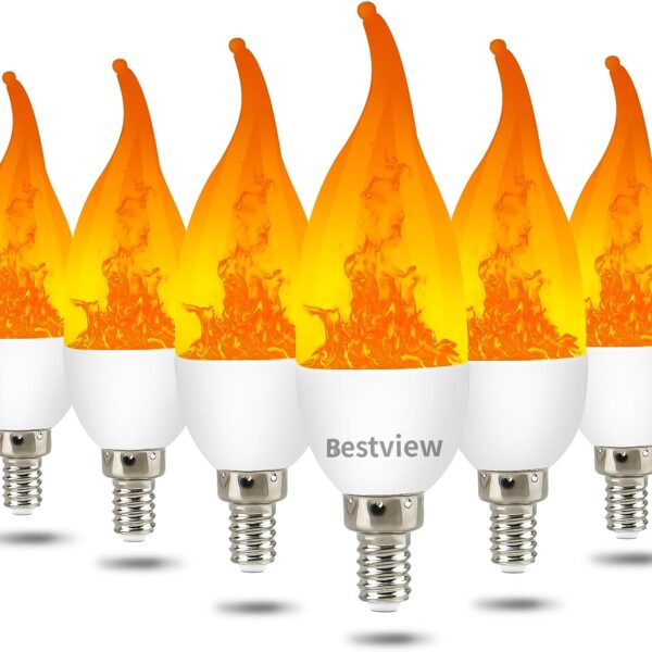 Bestview LED Flame Effect Light Bulbs,3 Modes Flickering Light Bulbs, Smart E12 Chandelier Base Candle Fire Light Bulb for Halloween, Christmas,Party, Porch Indoor&Outdoor Home Decoration -6 Pack