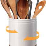 DOWAN 7.6" 360 Rotating Utensil Holder, Kitchen Utensil Holder for Countertop,Large Ceramic Utensil Crock for Kitchen Decor, Protection Cork Bottom, Speck White
