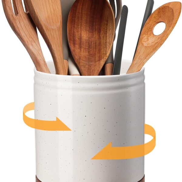 DOWAN 7.6" 360 Rotating Utensil Holder, Kitchen Utensil Holder for Countertop,Large Ceramic Utensil Crock for Kitchen Decor, Protection Cork Bottom, Speck White