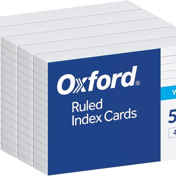 Oxford Index Cards, 500 Pack, 4x6 Index Cards, Ruled on Front, Blank on Back, White, 5 Packs of 100 Shrink Wrapped Cards (40178)