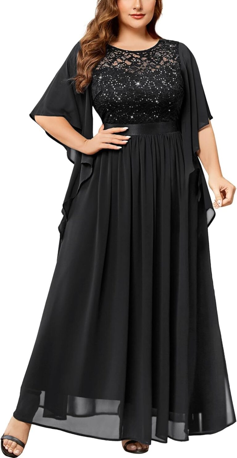 Miusol Women's Plus Size Sequin Lace with Ruffle Cape Cloak Sleeves Elegant Evening Gown Wedding Guest Maxi Dress