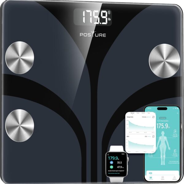 Posture Scale for Body Weight, Digital Bathroom Smart Scale, 13 Body Composition Analyzer Sync Weight Scale BMI Health Monitor Sync Apps 400lbs - Black