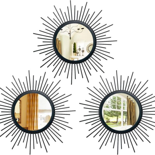 Cityelf 3 Set Black Sunburst Mirrors for Wall Decorative Metal Mirrors Small Mirror Sets Decor Hanging Mirror Wall Sculpture for Bedroom Living Room Entryway