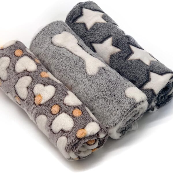 1 Pack 3 Puppy Blankets Super Soft Warm Sleep Mat Grey Cute Print Fluffy Fleece Pet Flannel Throw Dog Blankets for Small Dogs Cats,Star&Bone&Love- Small (23"x15")