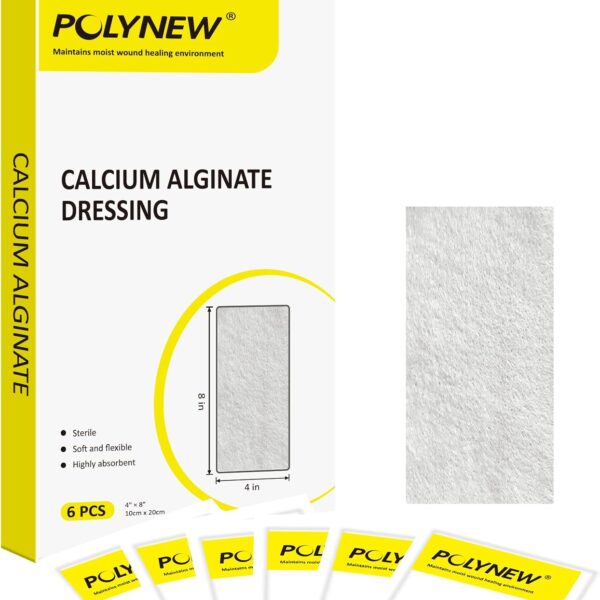 Calcium Alginate Wound Dressing, 4"x8"-6 Individual Package, Non-Stick, Soft and Flexible Highly Absorbent Wound Dressing Pads for Burns, Ulcers, Skin Abrasions, Exudate Wounds